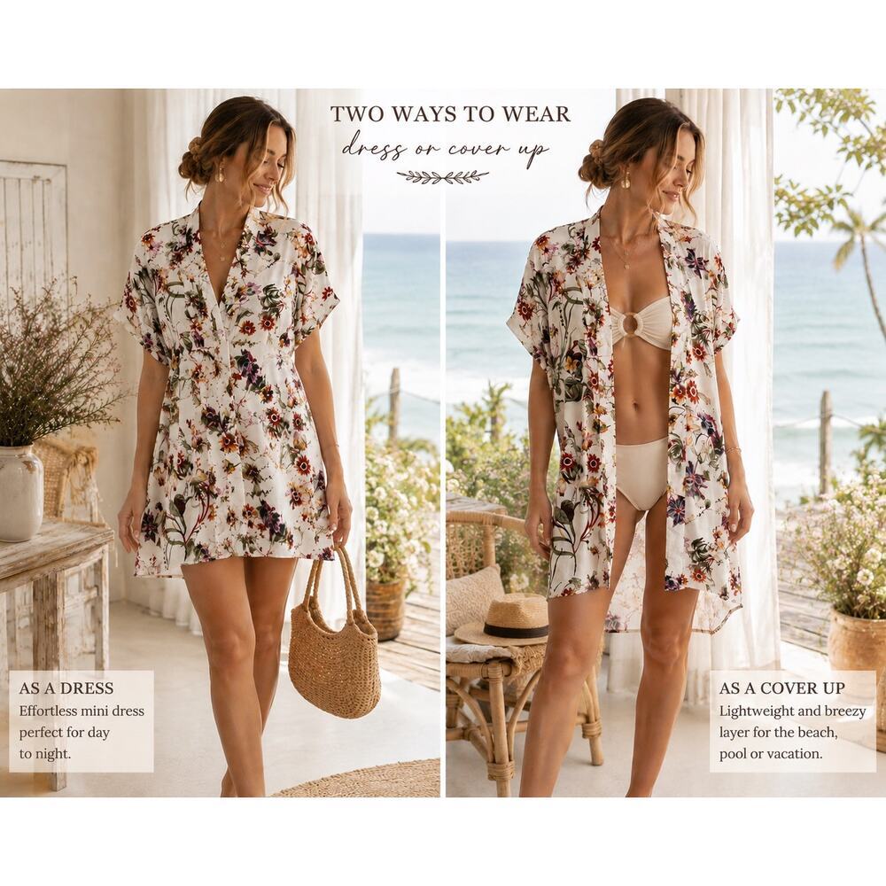 Dress Forum Floral Kimono Dress CoverUp Small White Botanical Boho Resort Rayon